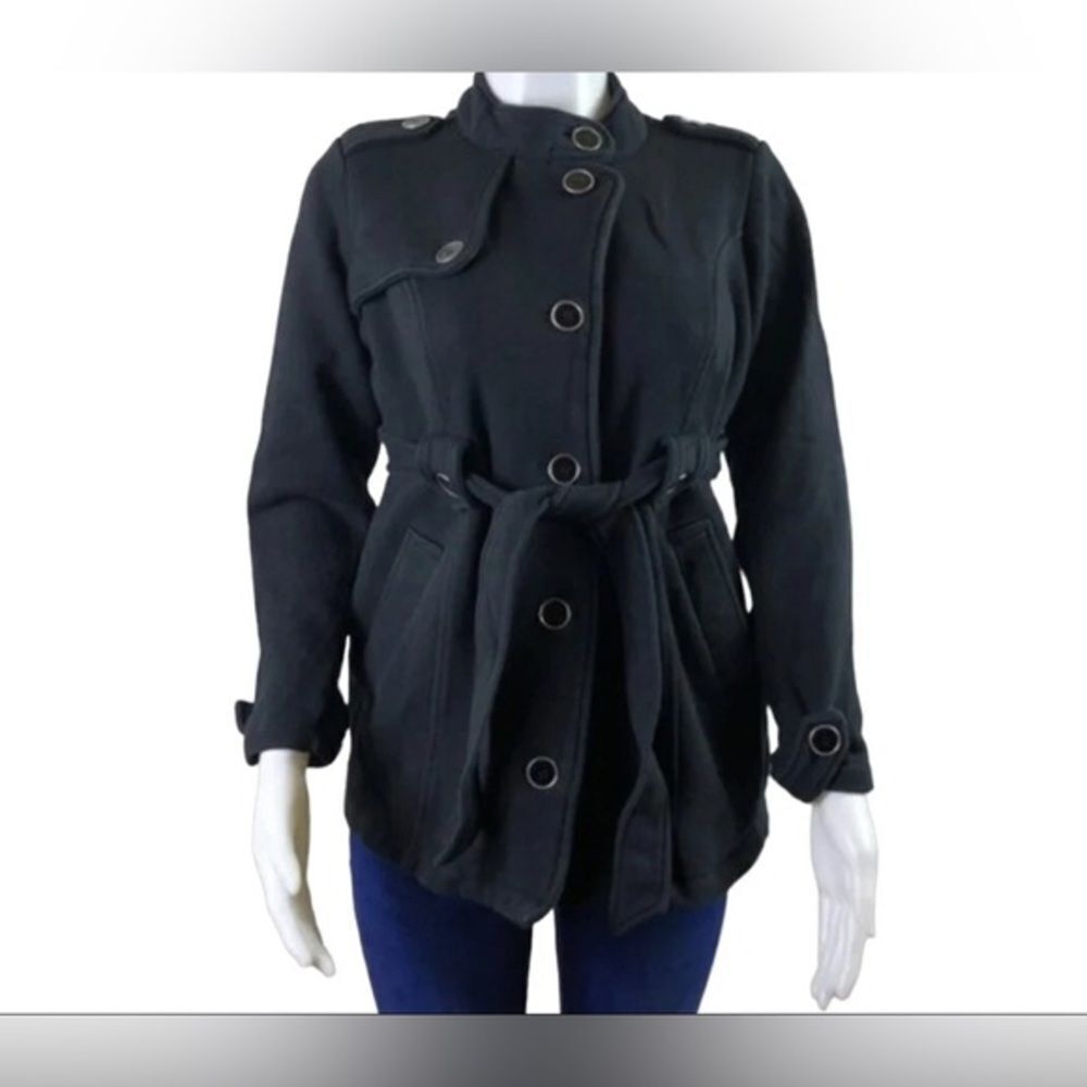 EUC Motherhood Maternity Black Button-Up Coat Belted Waist - Size L